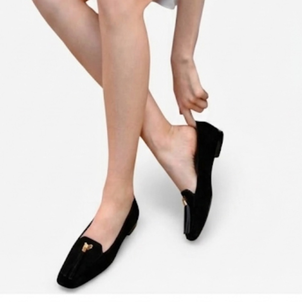 Stuart Weitzman Black Suede Slipknot Loafers Gold Hardware Size 9